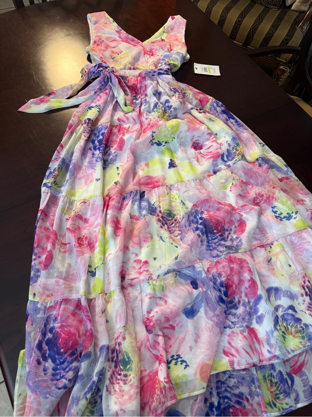 DKNY Floral Tie-Waist Maxi Dress in Pink, Purple & Yellow